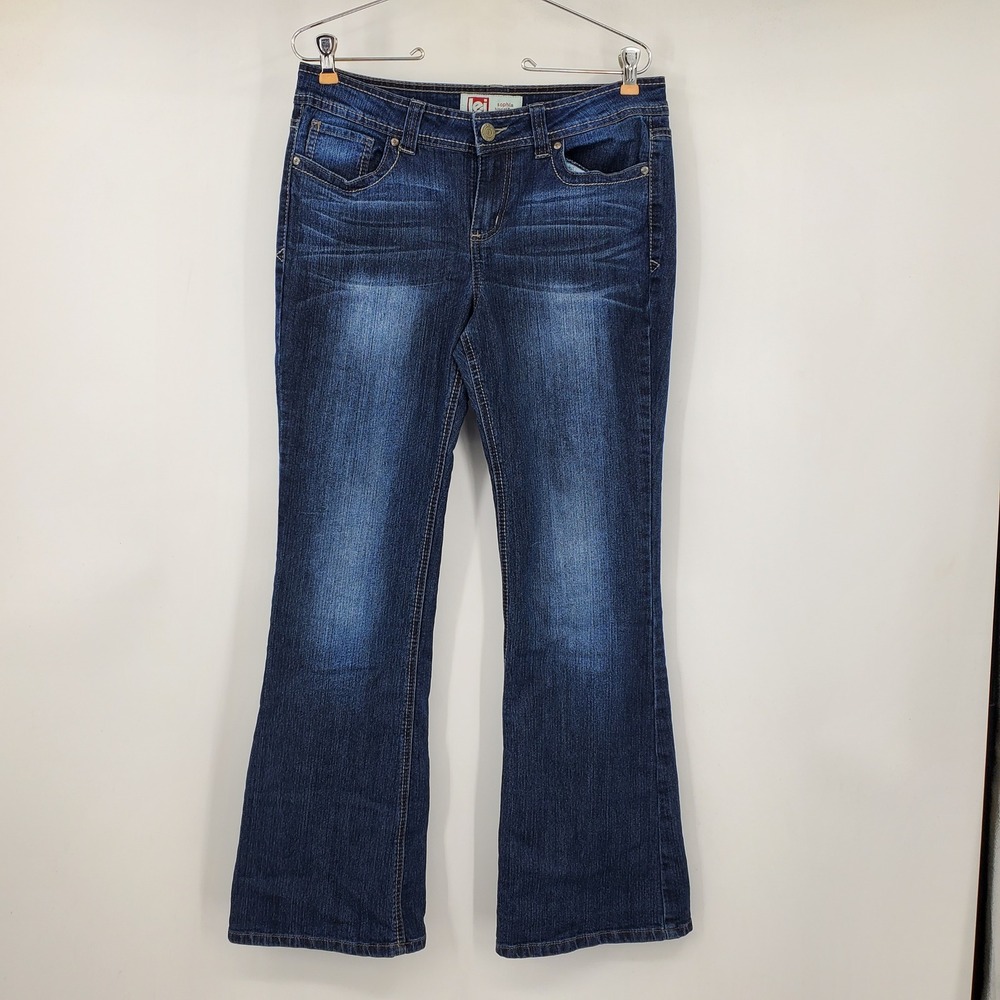 l.e.i. Sophia Hipster Flare Jeans Dark Wash Embroidered Pockets 11 Y2K McBling